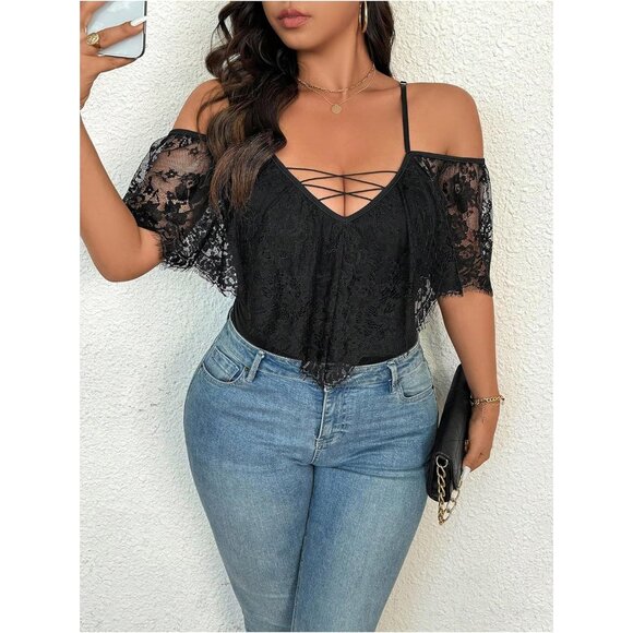 Plus Size Sheer Lace Bodysuit with Cold Shoulder and Deep V Neck - X-Large - Picture 5 of 5